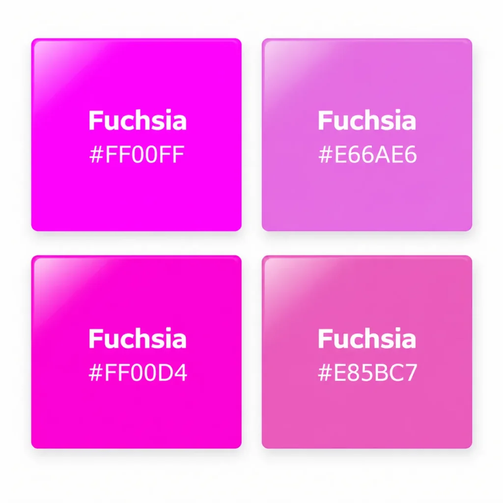 Swatches showing the colors produced by four different fuchsia hex codes