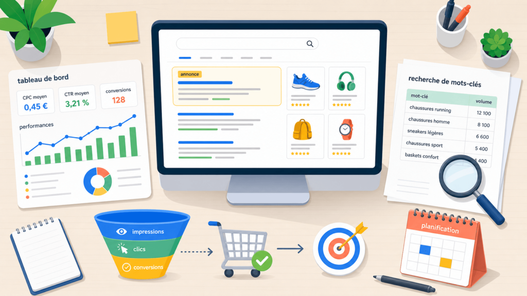Google Ads est la plateforme publicitaire de Google qui permet de diffuser des annonces sur le moteur de recherche, sur YouTube, sur Gmail et sur un vaste réseau de sites partenaires appelé Réseau Display.