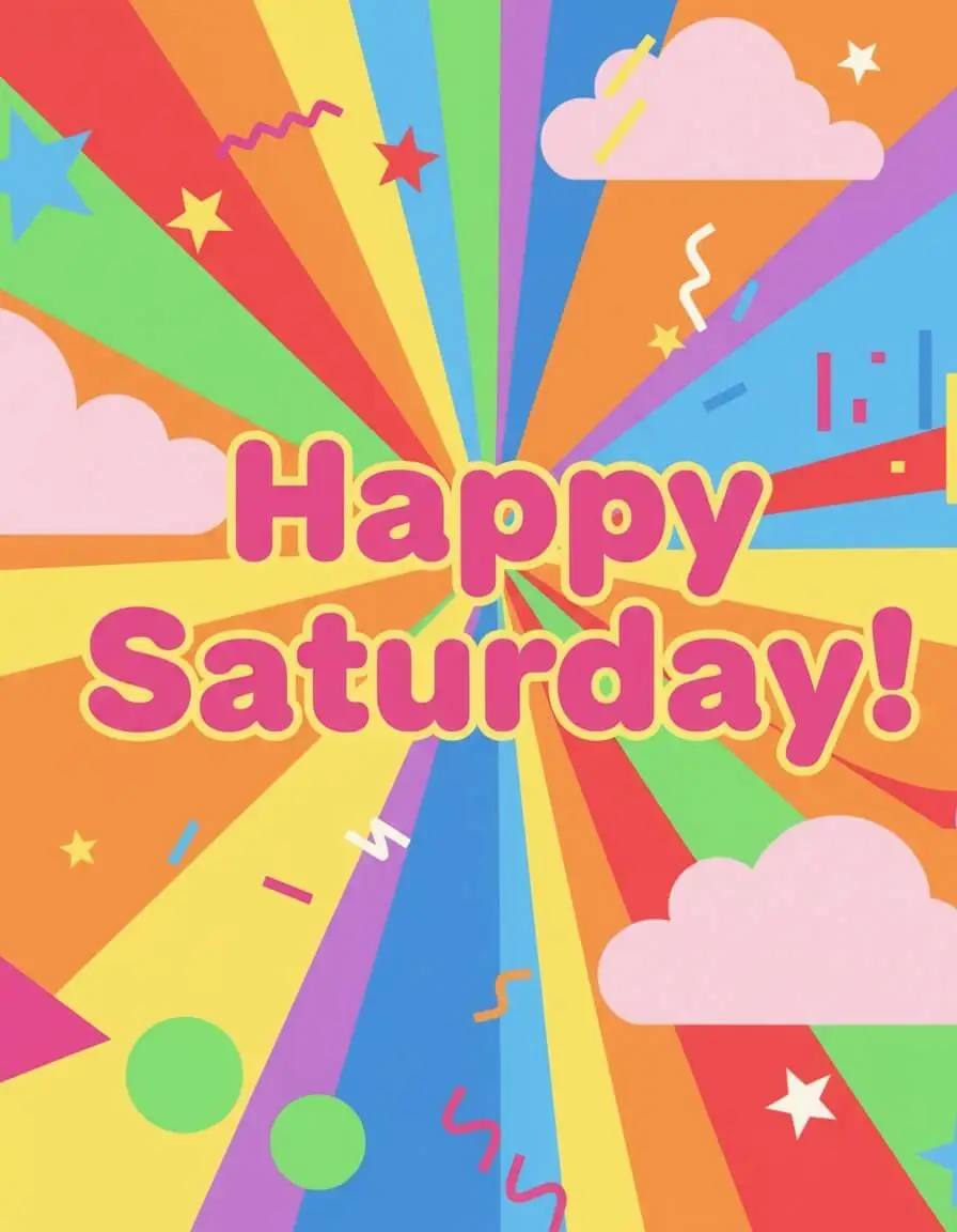 Cartoon style image with Happy Saturday