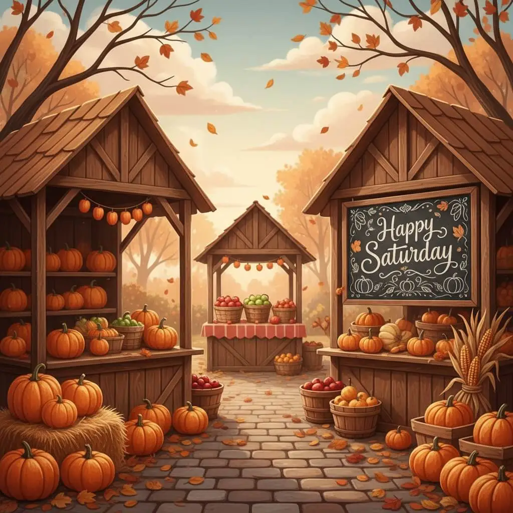Farmers market scene with Happy Saturday written on a chalkboard sign