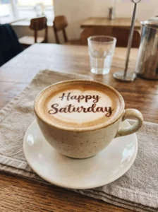 Mug of latte with Happy Saturday written in the foam