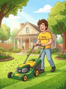 Man mowing a lawn with a t-shirt that says Happy Saturday