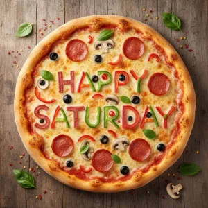 Happy Saturday spelled on a pizza with pizza toppings
