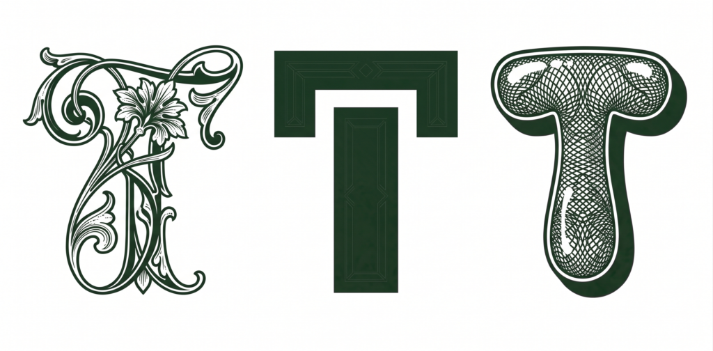 Three letter T designs, from left to right an ornate design, geometric design, and bubble design