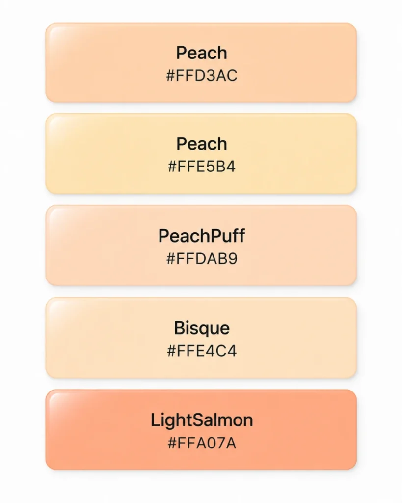 Swatches showing peach colors with color codes