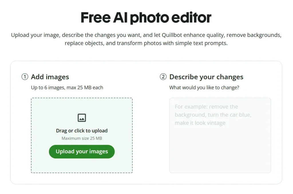A screenshot of Quillbot's free online AI image editing software.