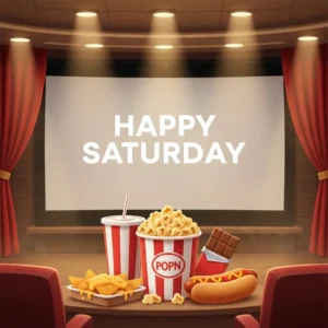 Happy Saturday on a movie screen with a table of movie snacks