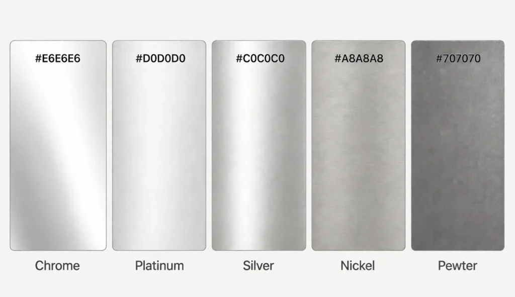 Swatches of different silver shades with color names and hex codes