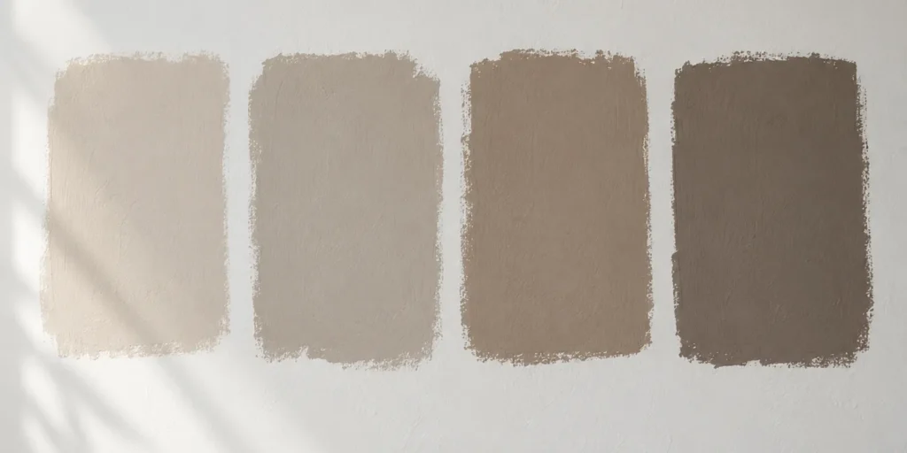 Four tests paint swatches of the color taupe