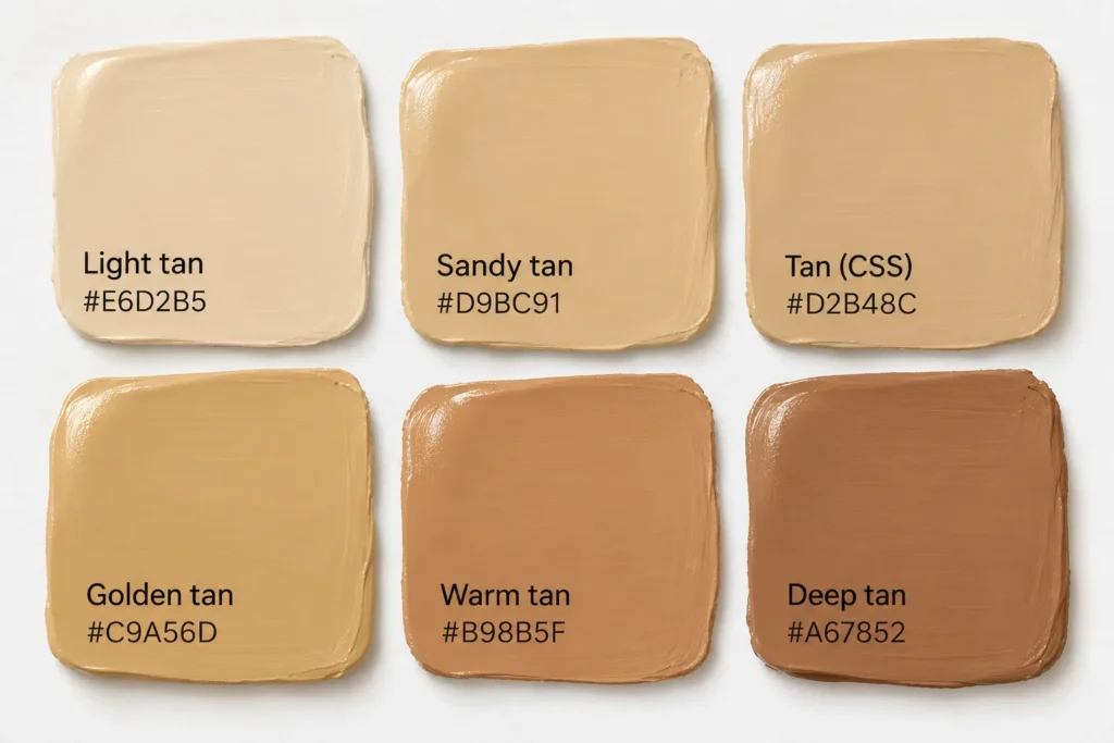 Swatches of different shades of tan with hex codes