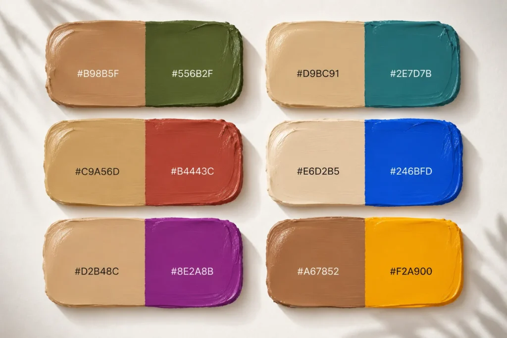 Swatches of shades of tan paired with other colors, including color codes