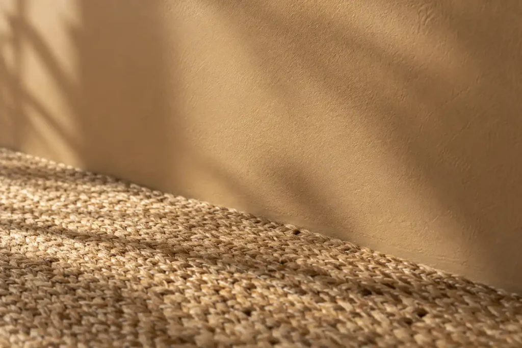 An interior wall painted in the color tan in a room with jute carpeting