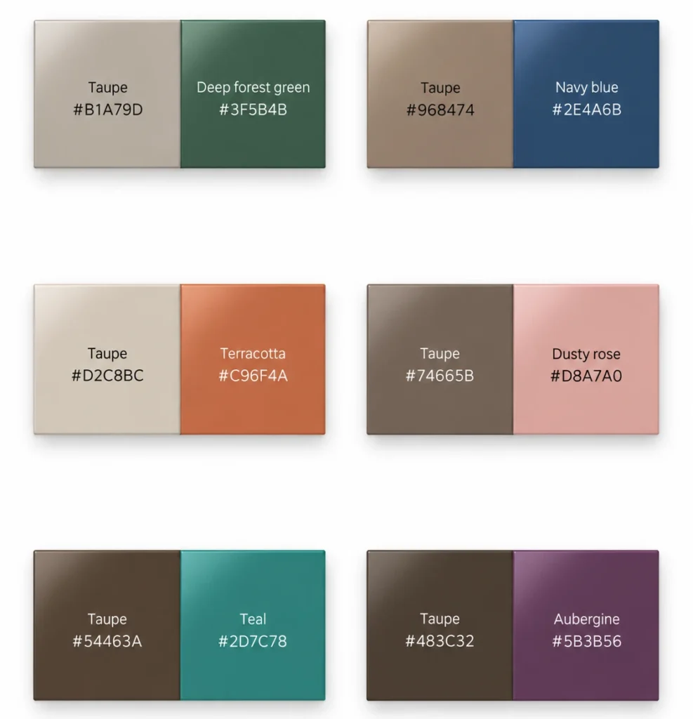 Examples of six color pairings with taupe