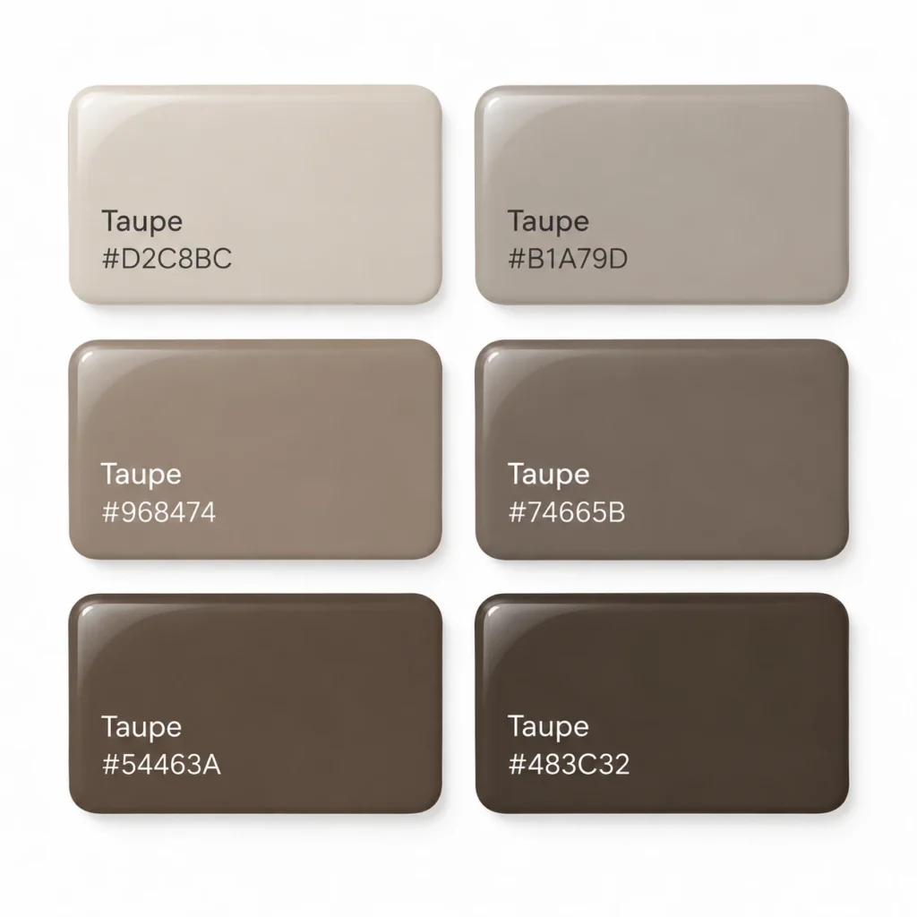 Six different shades of taupe labeled with their hex codes