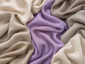 A fabric in a soft violet color surrounded by soft neutrals