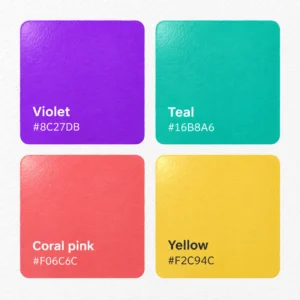 Swatches showing a palette of violet, teal, coral pink, and yellow