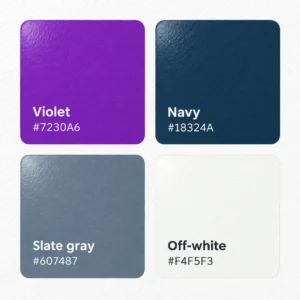 Swatches showing a palette of violet, navy, slate gray, and off-white