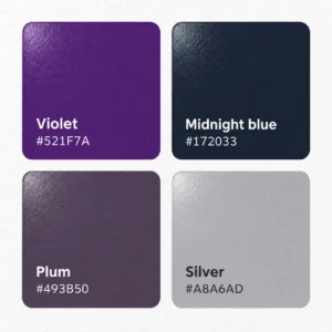 Swatches showing a palette of violet, midnight blue, plum, and silver