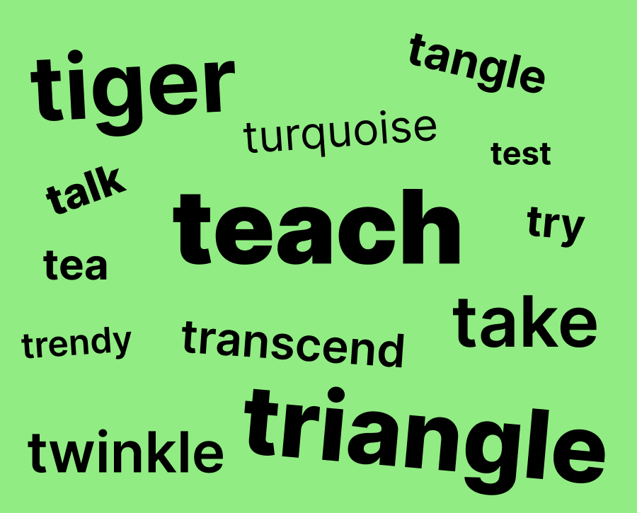 Word cloud with tiger, tangle, talk, turquoise, test, tea, teach, try, trendy, transcend, take, twinkle, triangle