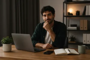 Image of a man sitting in his home office adjusted to evening lighting.