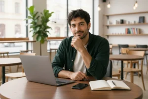 A man working on his laptop in a cafe.