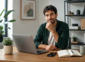 Improved version of a poor quality digital image of a man sitting in his home office.