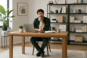 Zoomed out version of an image of a man sitting in his home office.