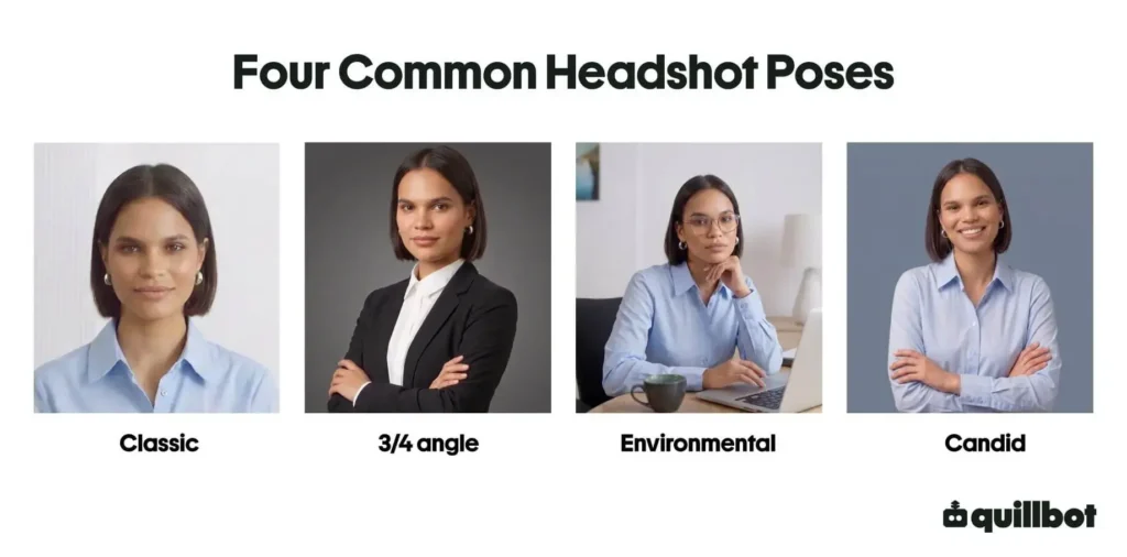 Four images showing common headshot poses