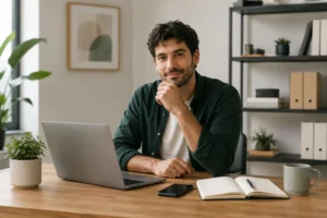 Photo of a man sitting in his home office.