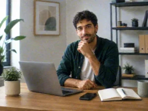 Poor-quality photo of a man sitting in his home office.