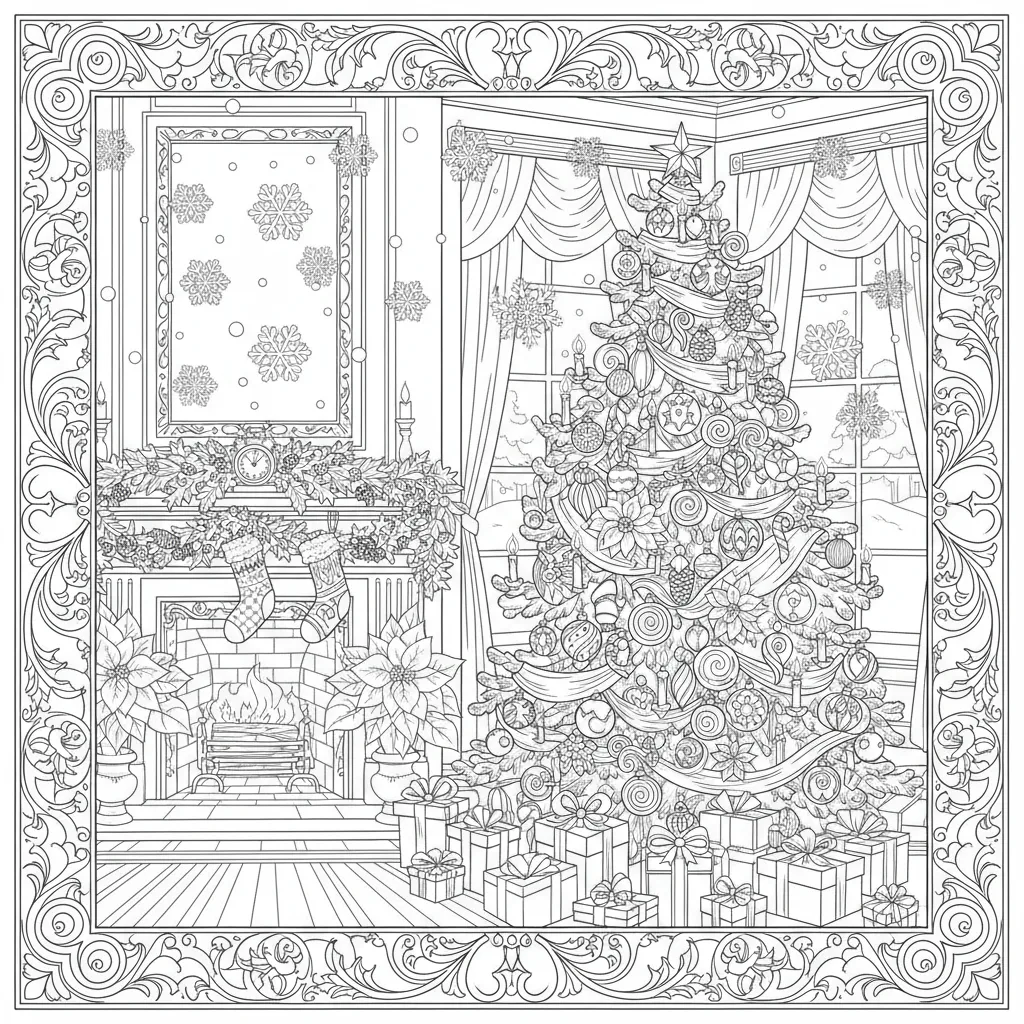 ai generated coloring page of an intricate christmas tree and decorations