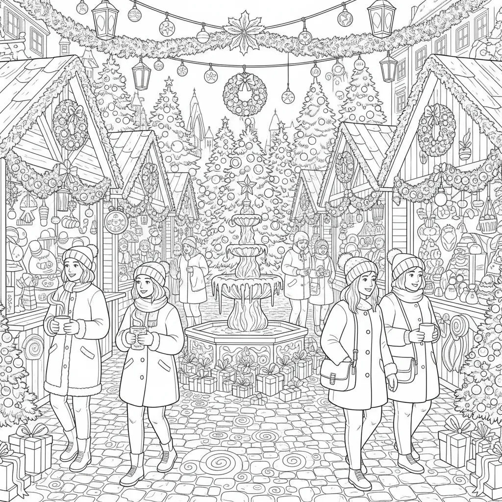 an ai generated coloring page featuring a christmas market