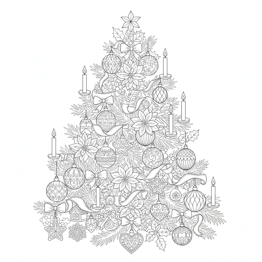 ai generated coloring page of an intricate christmas tree with decorations