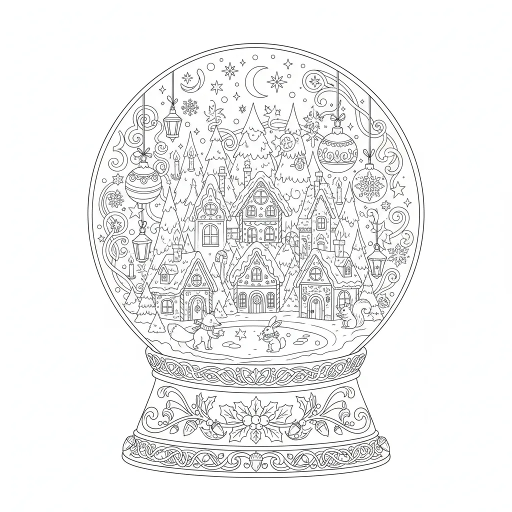 ai generated coloring page of a wintry, christmas scene inside a snow globe