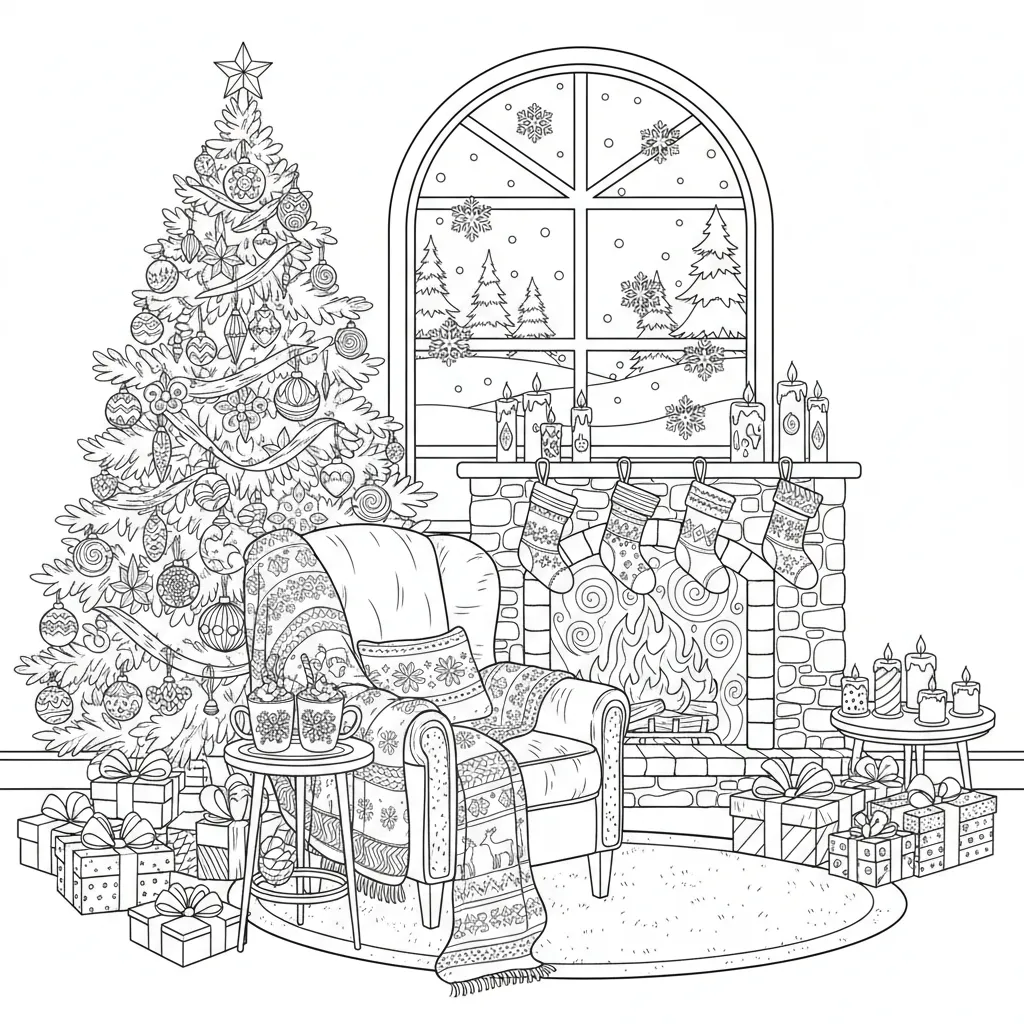 ai generated coloring page of a cozy christmas scene featuring a comfy arm chair, fireplace, and a christmas tree with decorations