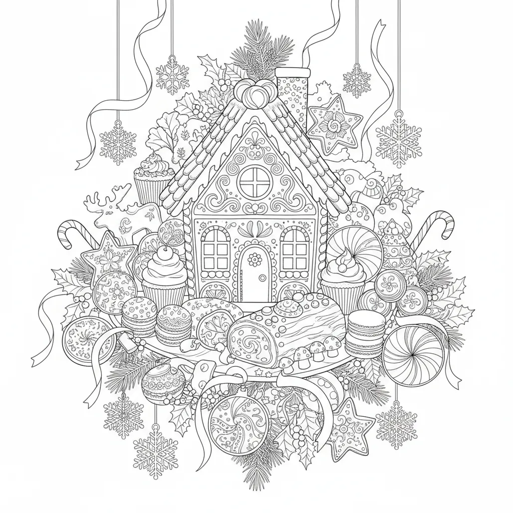 ai generated coloring page of an intricate array of christmas treats and decorations