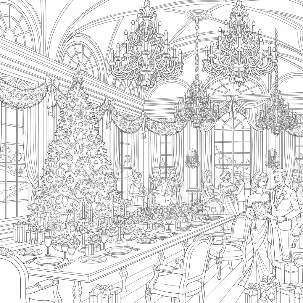 ai generated coloring page of a lavish christmas party