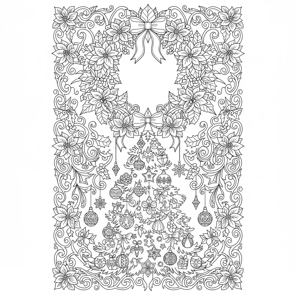 ai generated coloring page of an intricate set of christmas decorations and poinsettias