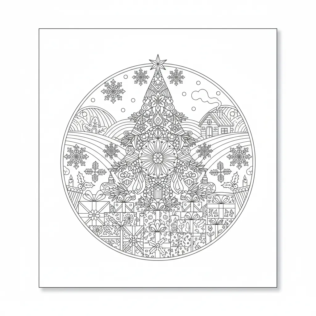 an ai generated coloring page featuring a christmas tree and presents in an intricate geometric pattern