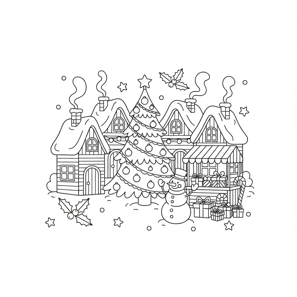 ai generated image of a quaint european winter scene with small houses and a chirstmas tree