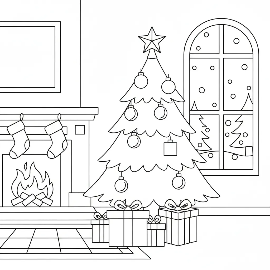 an ai generated coloring page featuring a simple christmas tree next to a fireplace