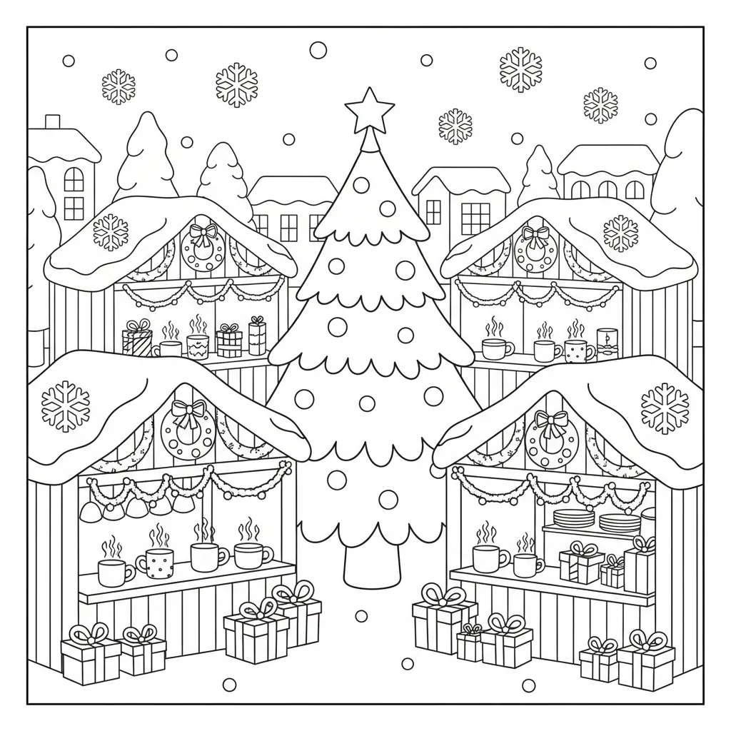 an ai generated coloring page featuring a simple christmas market scene