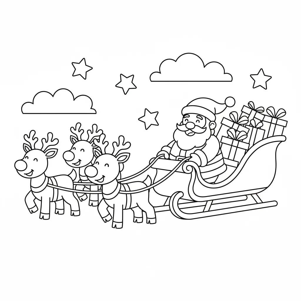 an ai generated coloring page featuring a simple illustration of santa riding in his sleigh pulled by reindeer
