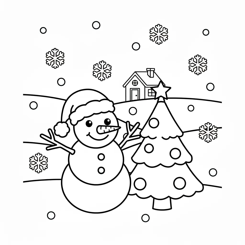 an ai generated coloring page featuring a simple snowman standing next to a crhistmas tree while snow is falling