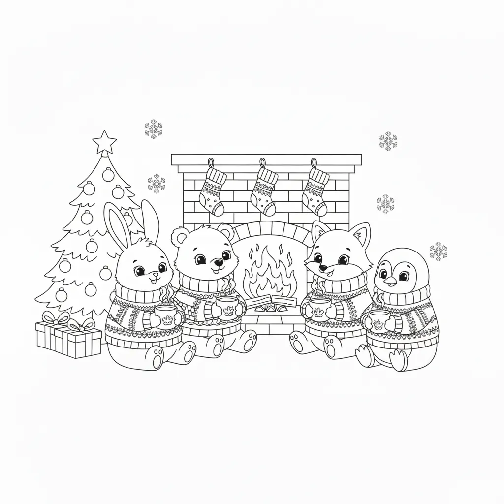 an ai generated coloring page featuring a simple illustration of woodland creatues sitting around a fireplace drinking cozy beverages with a christmas tree in the background