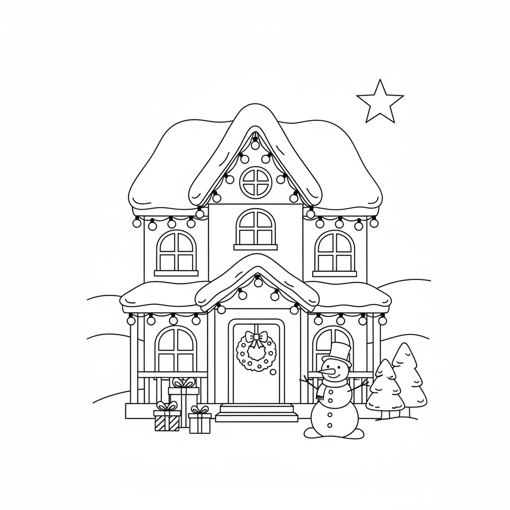 an ai generated coloring page featuring a simple home decorated for christmas