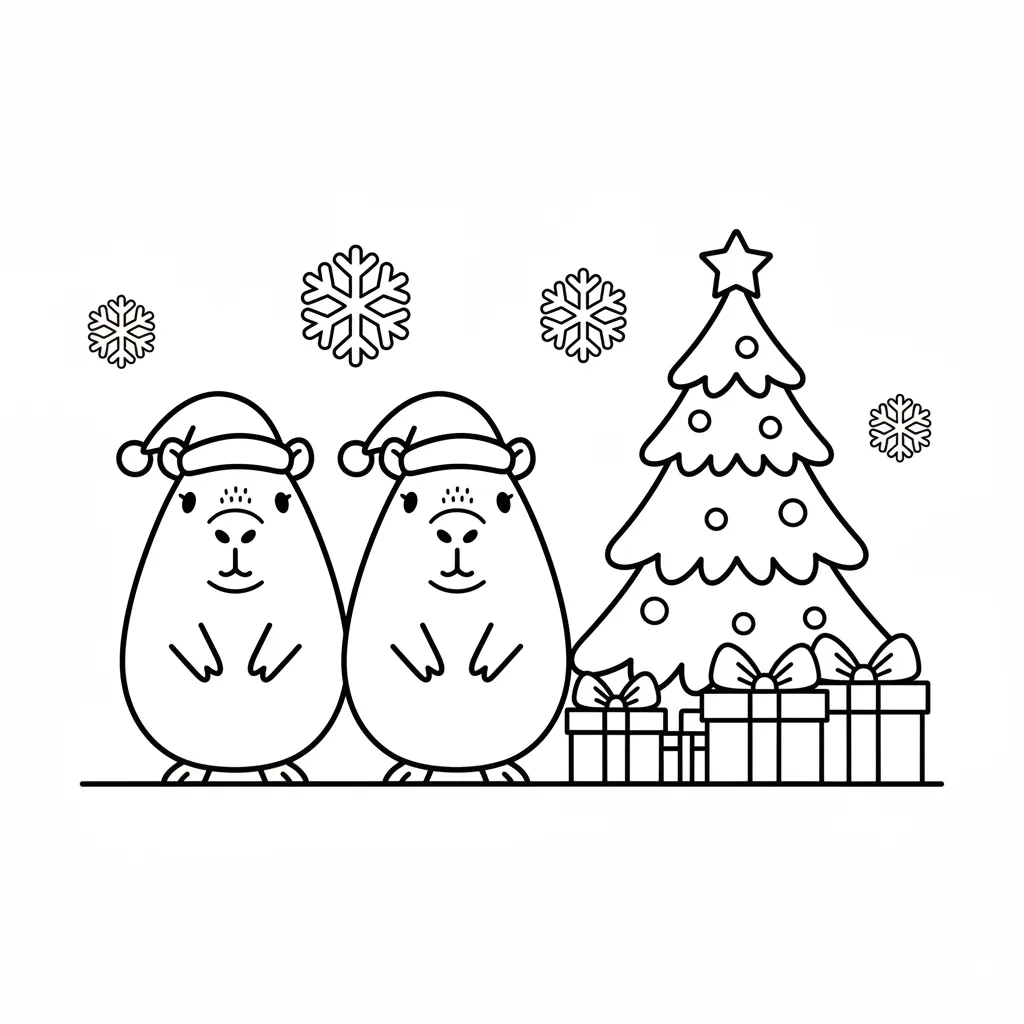 an ai generated coloring page featuring a simple illustration of capybaras wearing santa hats next to a tree with gifts underneath