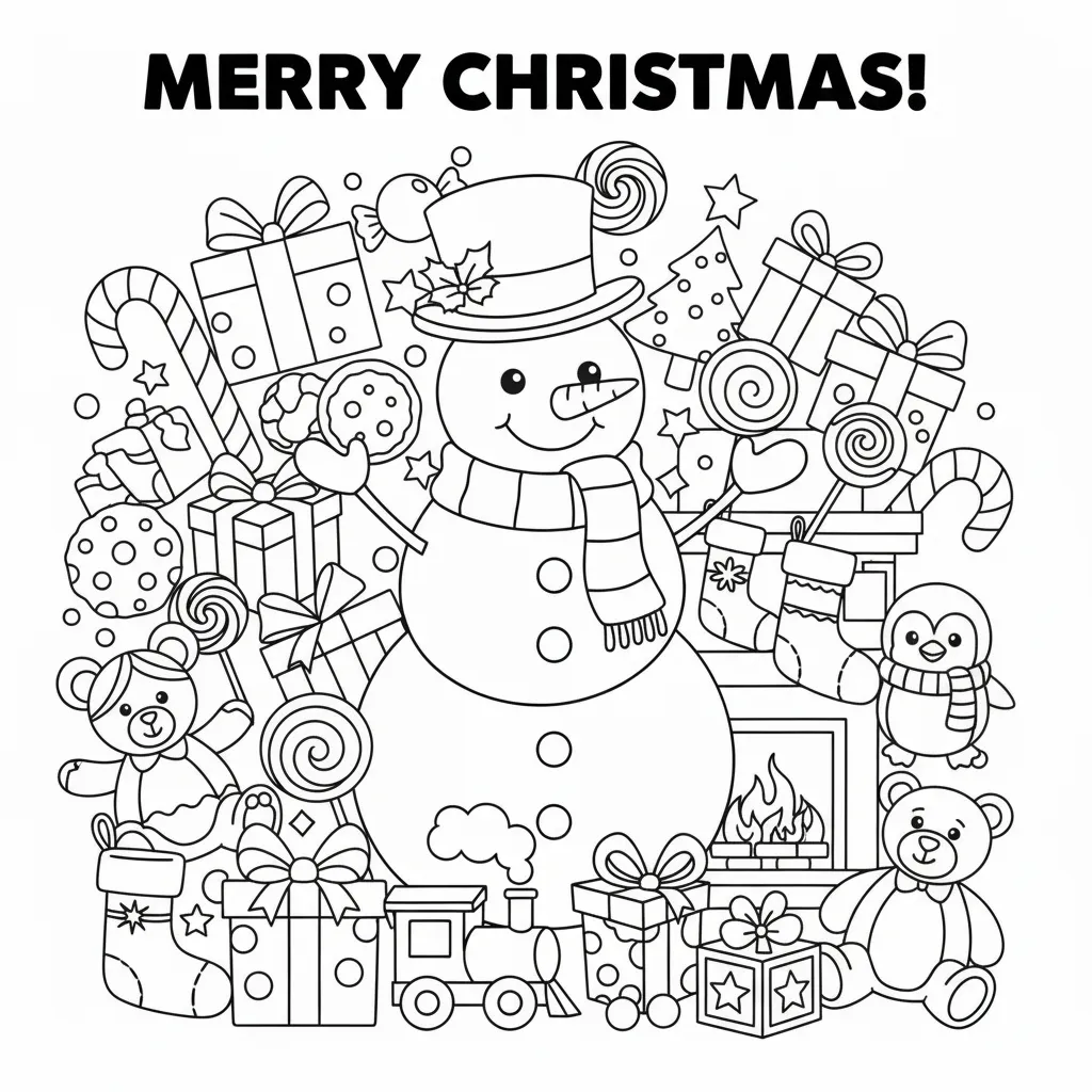 ai generated image of a christmas coloring page for kids featuring an array of candy, gifts, and toys along with a snow man