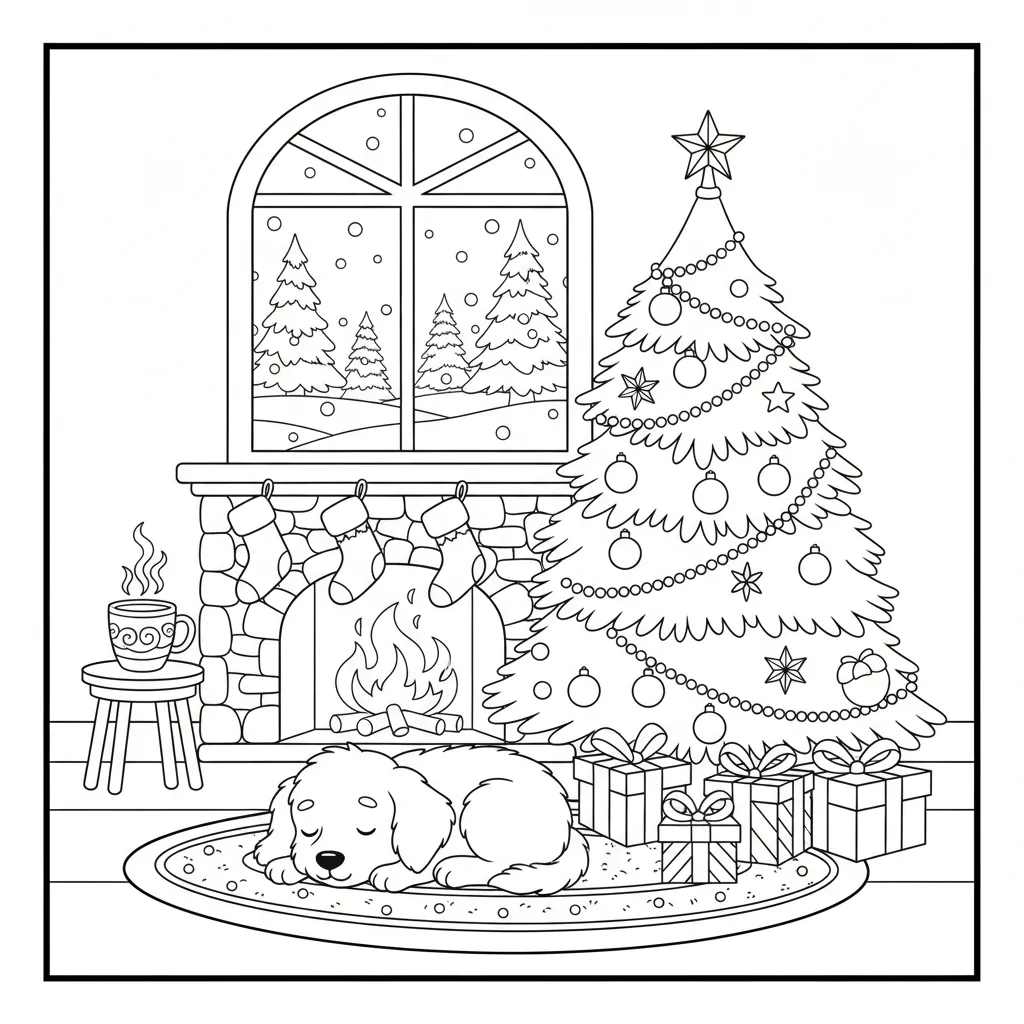 ai generated image of a christmas coloring page for kids featuring a cozy scene of a dog curled up under the christmas tree