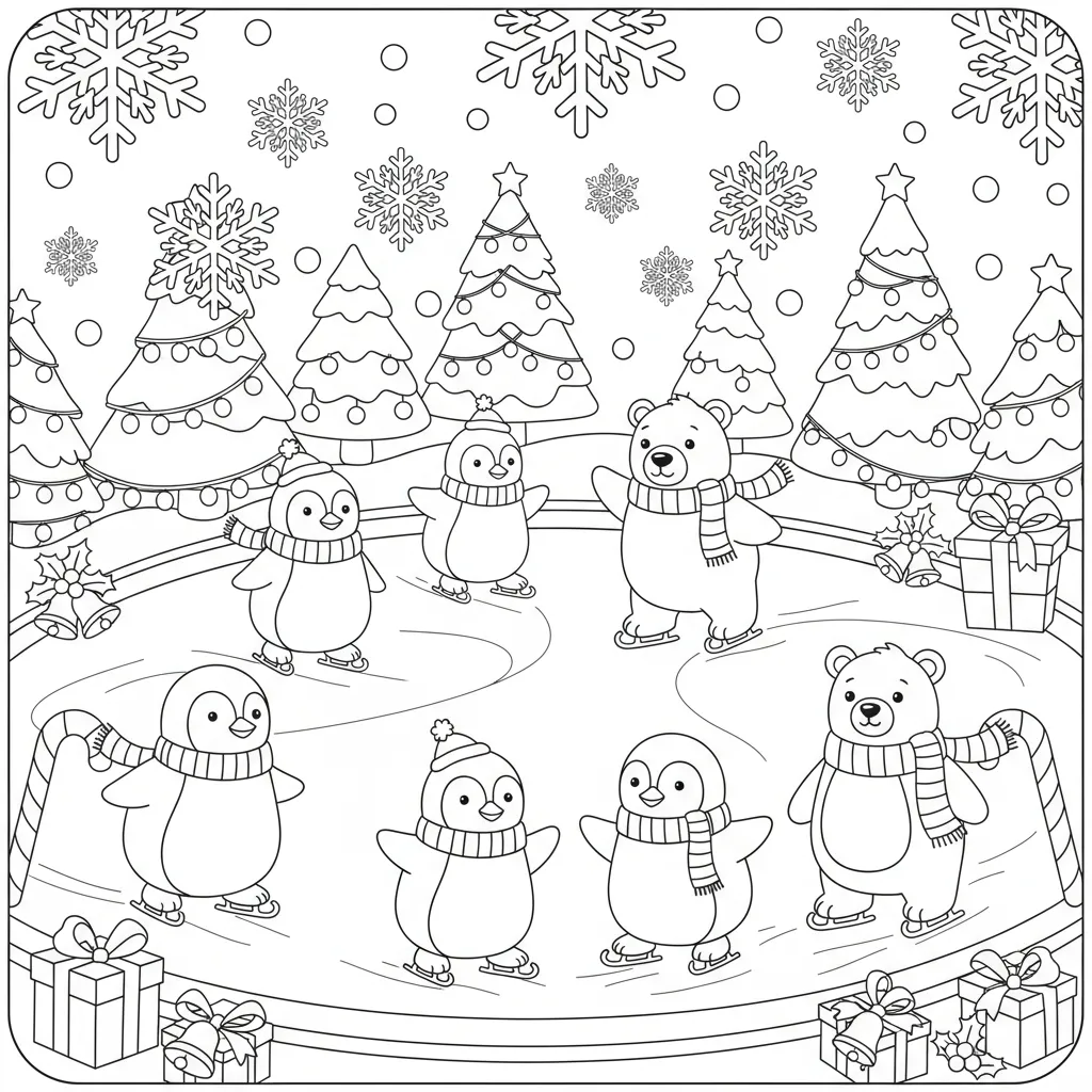 ai generated image of a christmas coloring page for kids featuring a wintry scene with penguins and polar bears